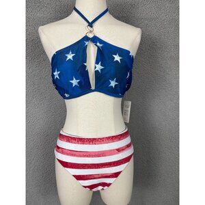 Cupshe Women's Star Spangled Bikini Set With Halter Neck Reversible Bottom L NWT